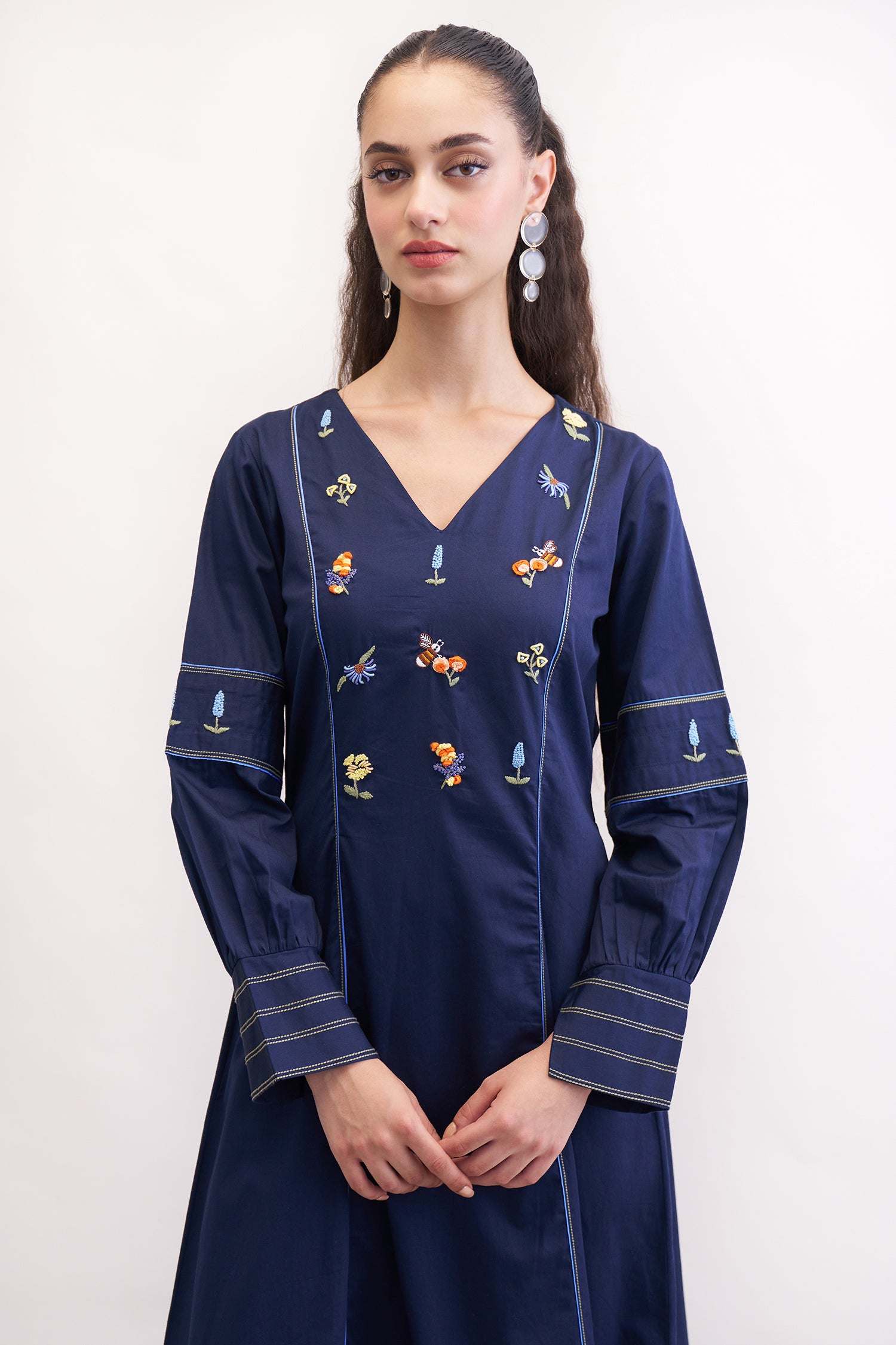 FERAL NAVY EMBROIDERED MIDI DRESS