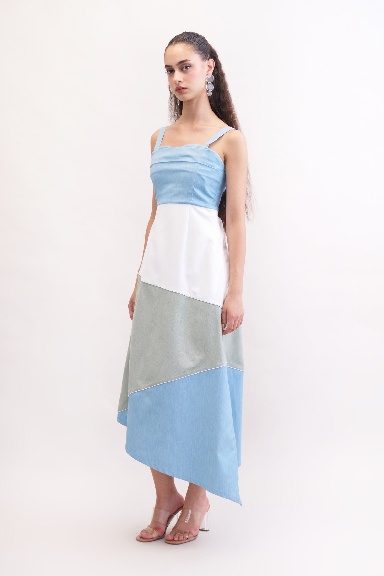 HAZEL DENIM COLORBLOCK STRAPPY DRESS MIDI