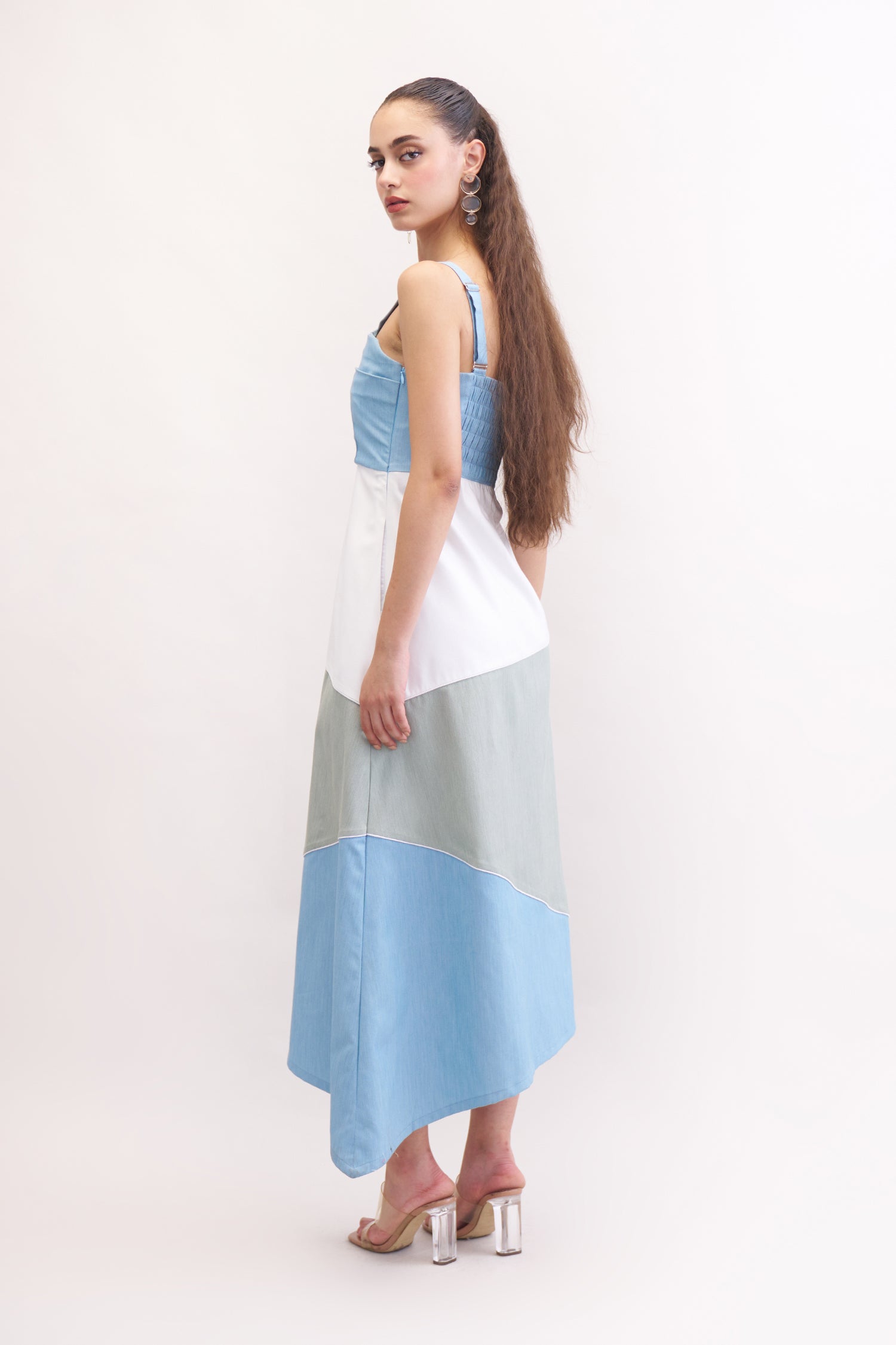 HAZEL DENIM COLORBLOCK STRAPPY DRESS MIDI