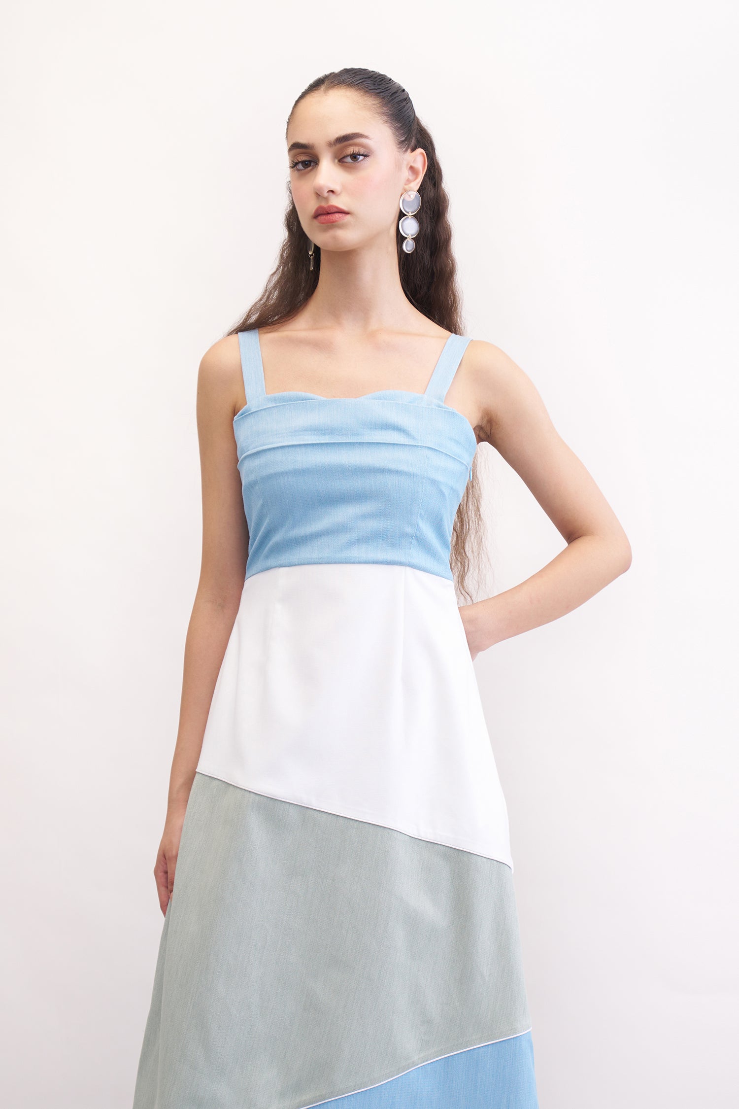 HAZEL DENIM COLORBLOCK STRAPPY DRESS MIDI