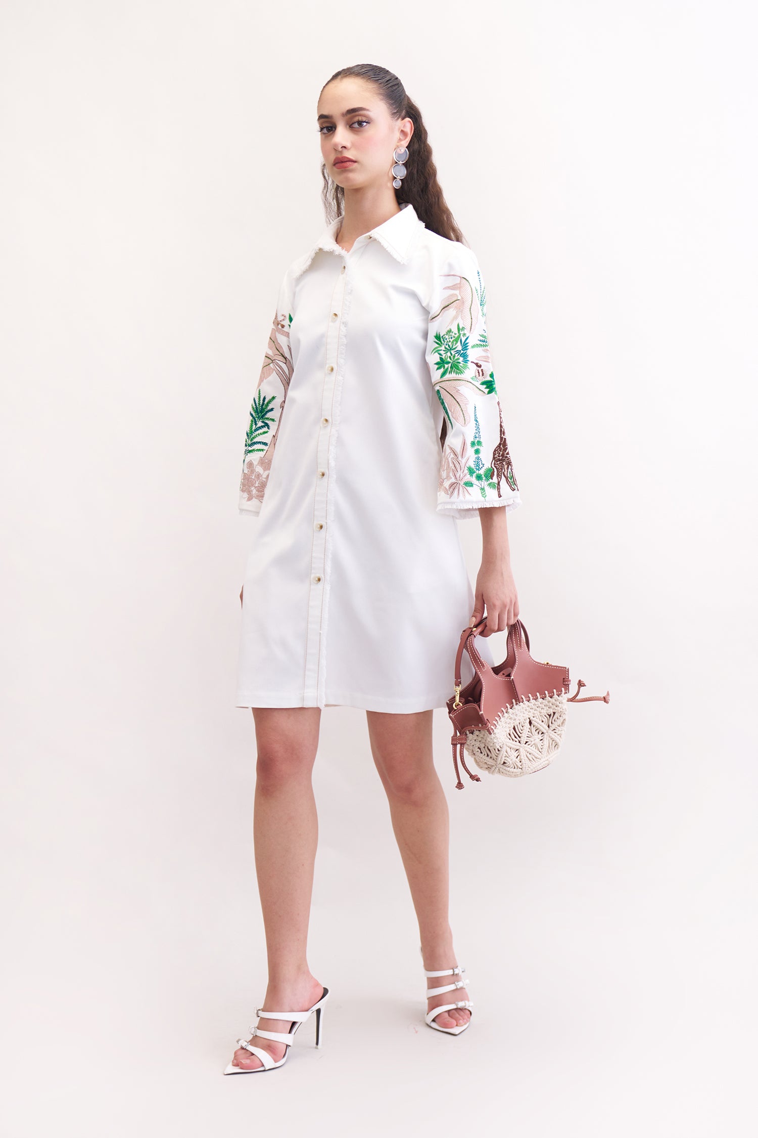 GRASSLAND WHITE DENIM EMBROIDERED DRESS