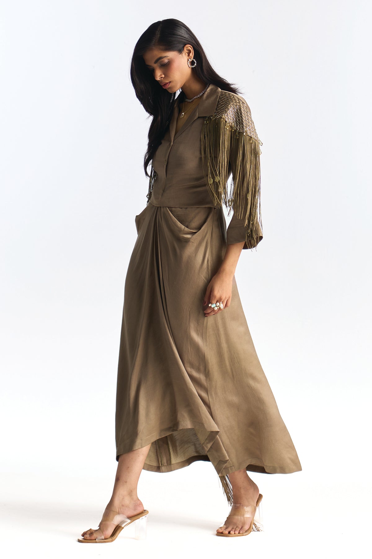 JANE DRAPE DRESS KHAKI OLIVE