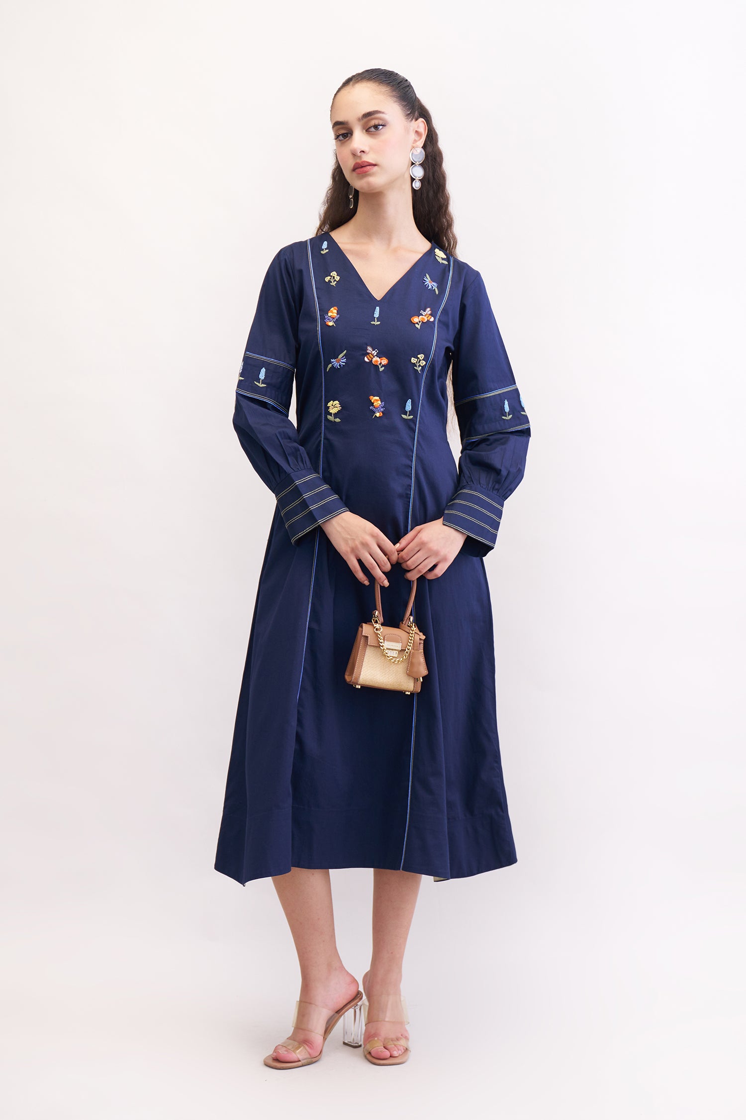 FERAL NAVY EMBROIDERED MIDI DRESS