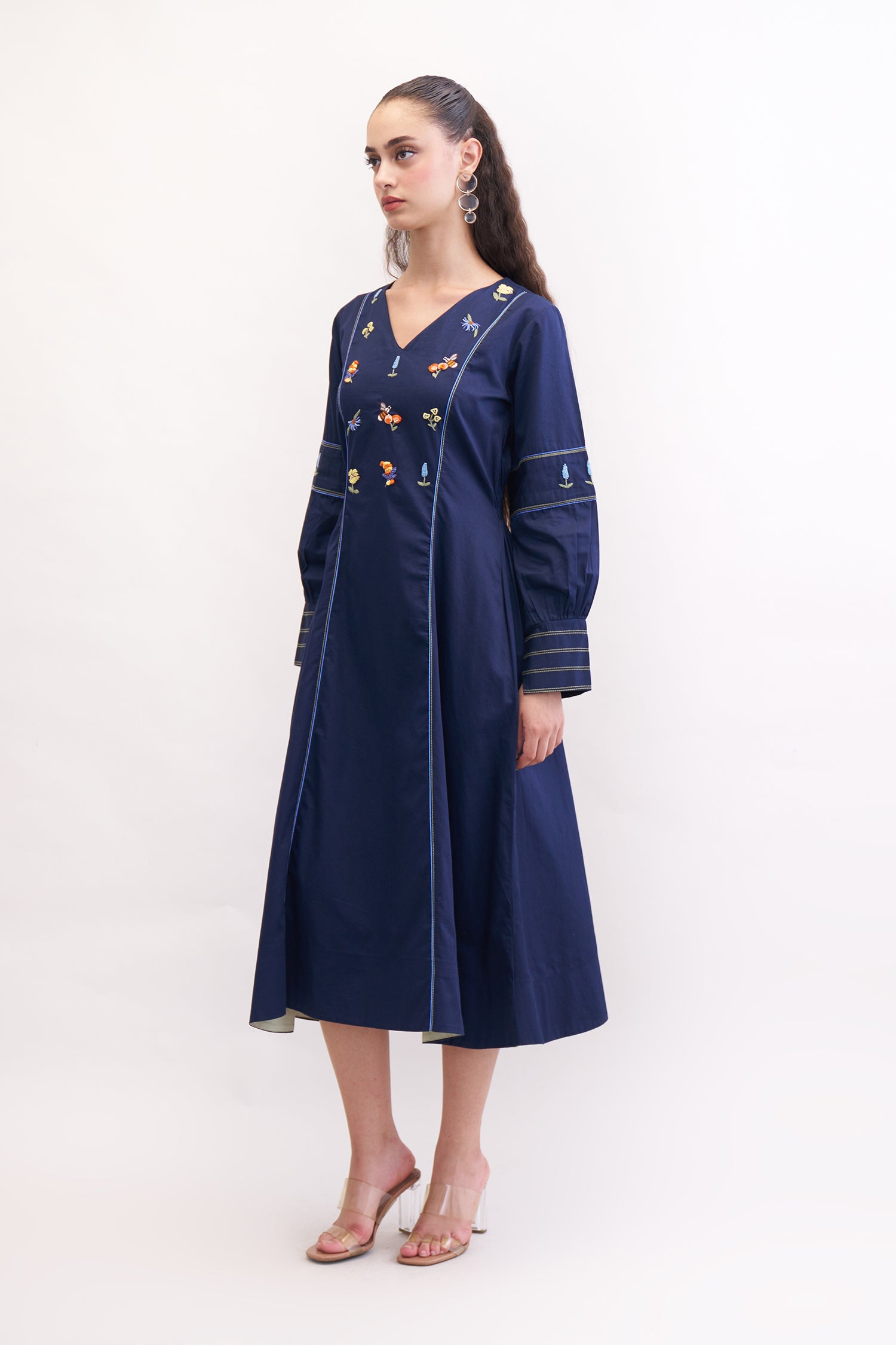 FERAL NAVY EMBROIDERED MIDI DRESS
