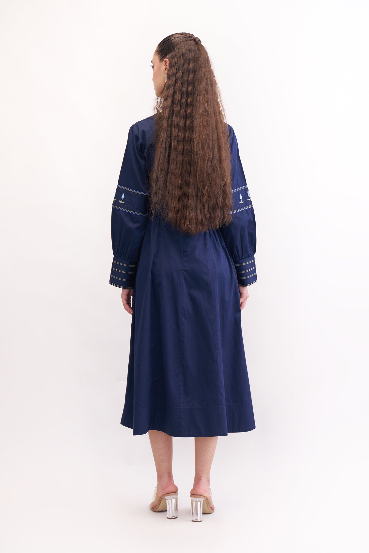 FERAL NAVY EMBROIDERED MIDI DRESS