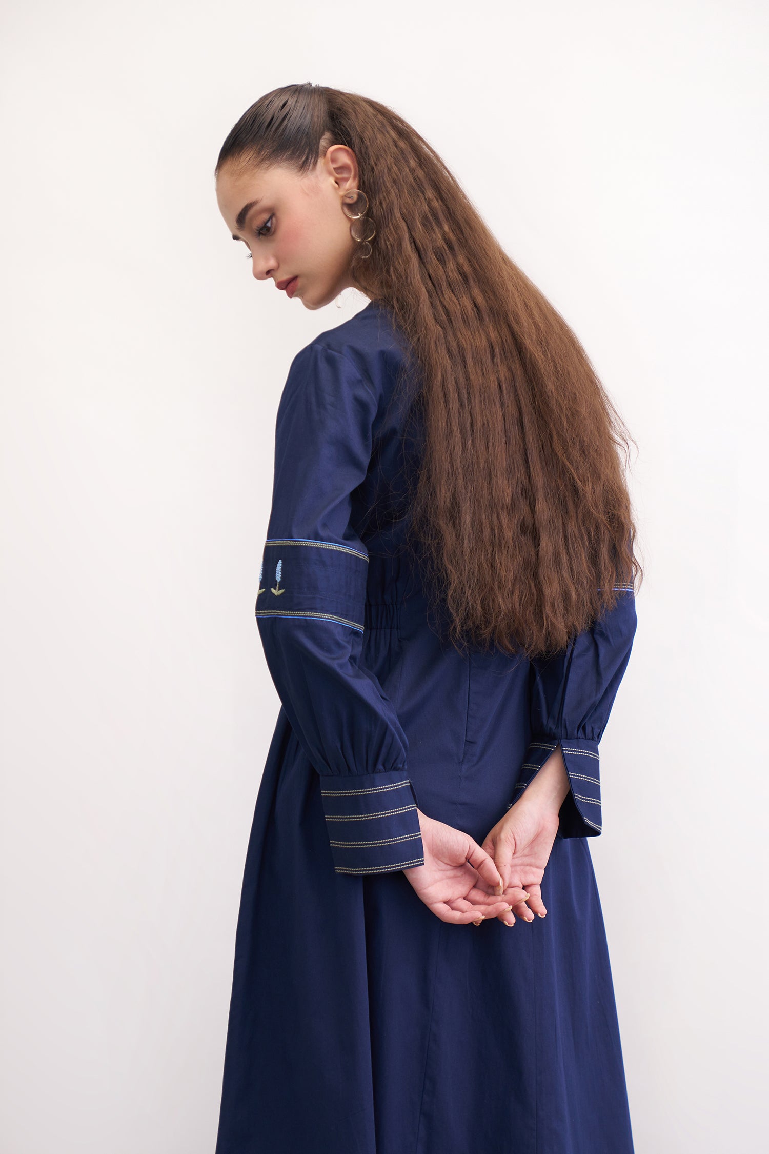 FERAL NAVY EMBROIDERED MIDI DRESS