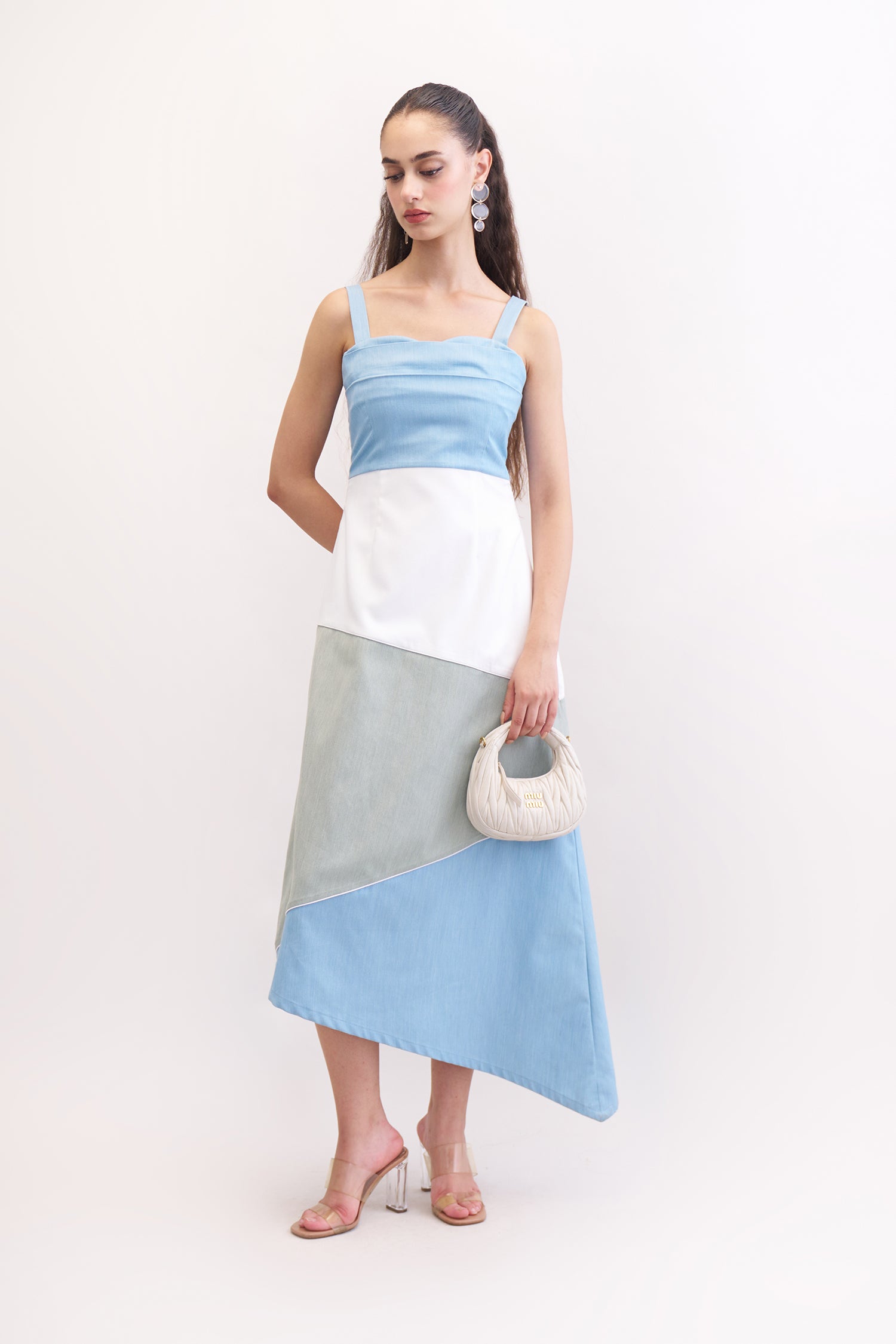 HAZEL DENIM COLORBLOCK STRAPPY DRESS MIDI