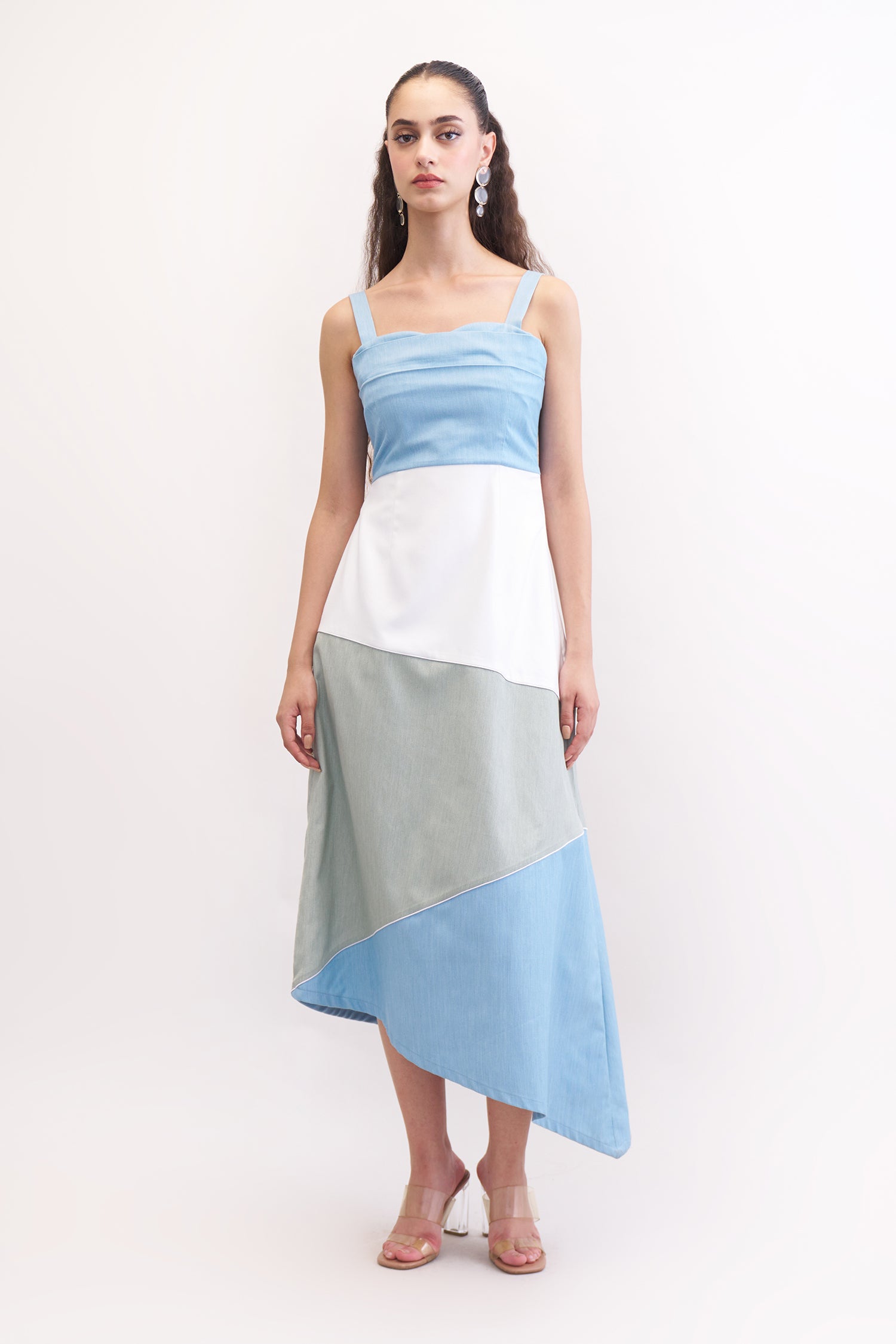 HAZEL DENIM COLORBLOCK STRAPPY DRESS MIDI