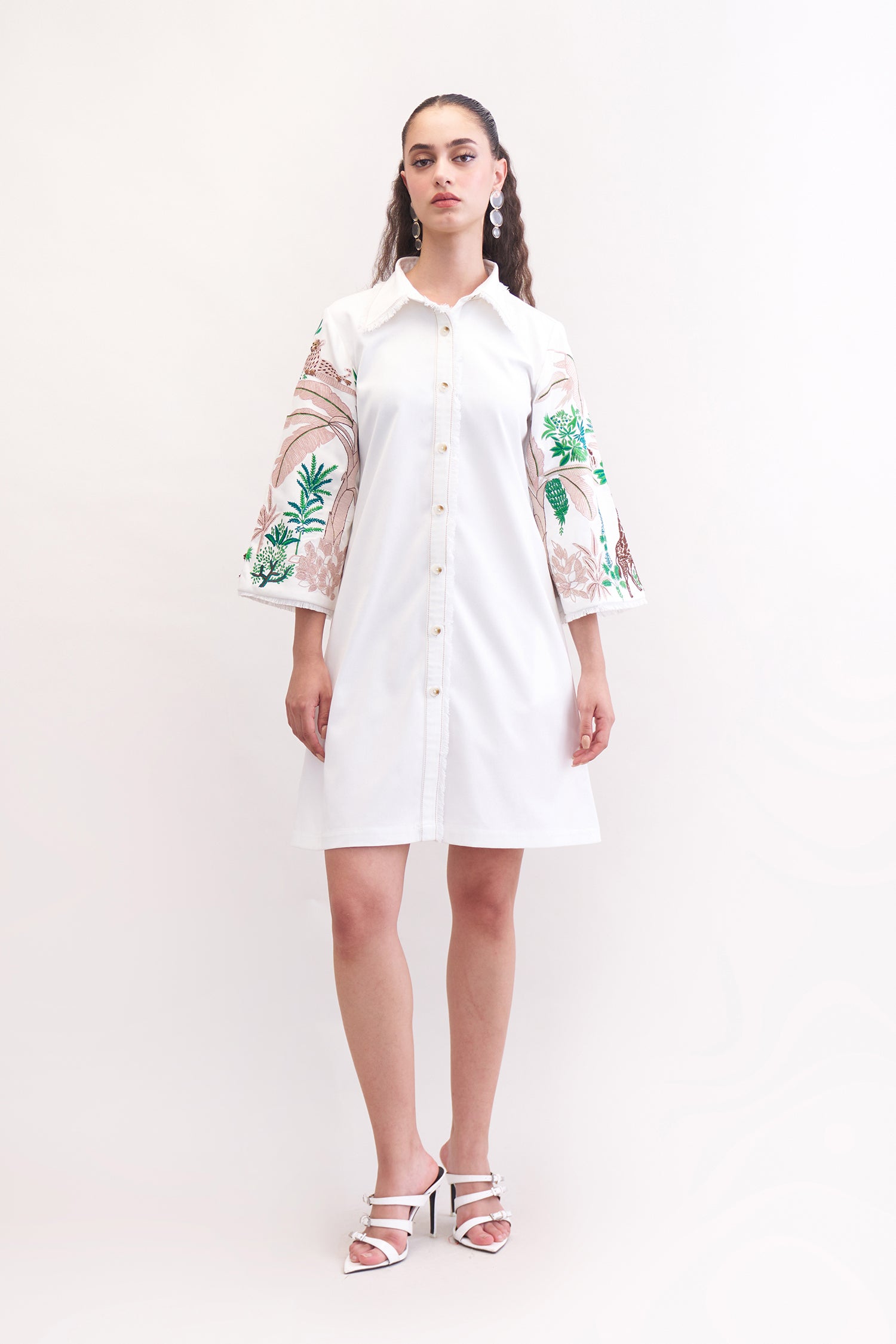 GRASSLAND WHITE DENIM EMBROIDERED DRESS